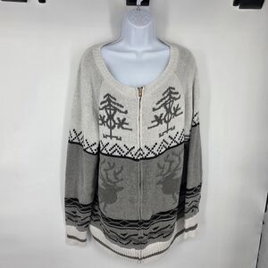 Misslook Fair Isle Reindeer Zip Front Sweater Cardigan 2XL Grey Cream Knit